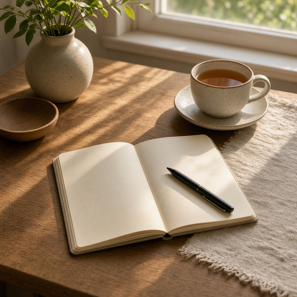 Notebook and tea ready for an intro conversation